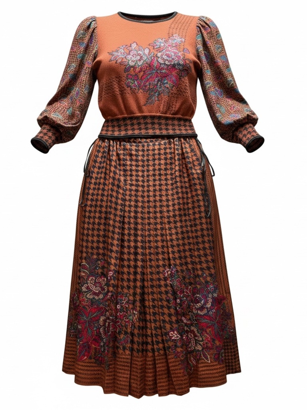Vtg 80s Anne Crimmins Mixed Media Skirt Set L 12 Silk Wool Houndstooth Hong Kong